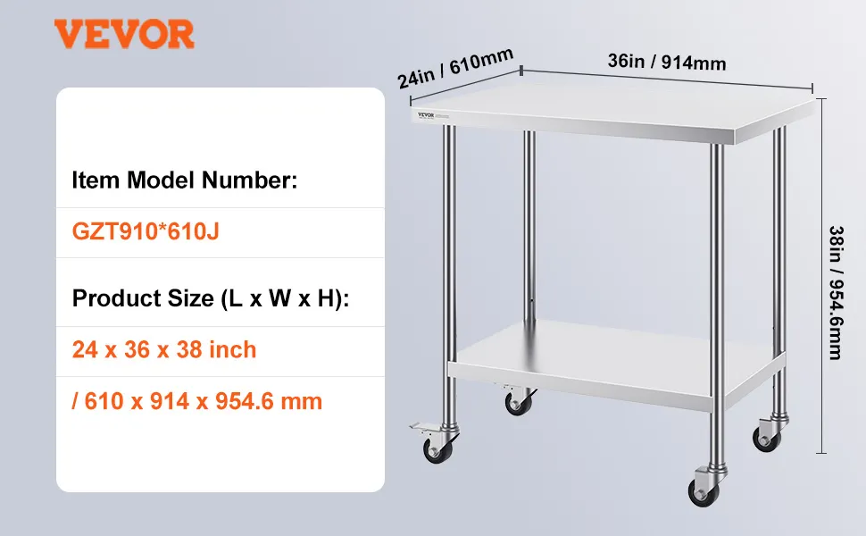 VEVOR stainless steel work table, 24x36x38 inches, 34.4 lbs, model gzt910*610j with caster wheels.