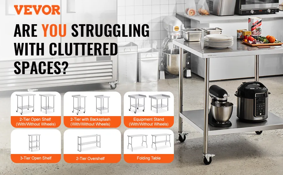 VEVOR stainless steel work table in kitchen, showcasing 2-tier options, mixer, and clutter-free workspace.