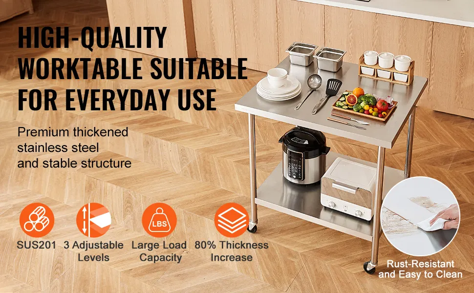 VEVOR stainless steel work table with adjustable levels, large load capacity, and rust-resistant surface.