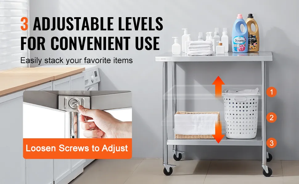 VEVOR stainless steel work table with 3 adjustable levels for convenient use in a clean kitchen.