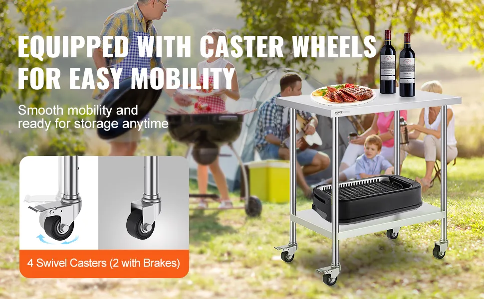 VEVOR stainless steel work table with caster wheels, outdoor gathering, food and wine bottles on table.