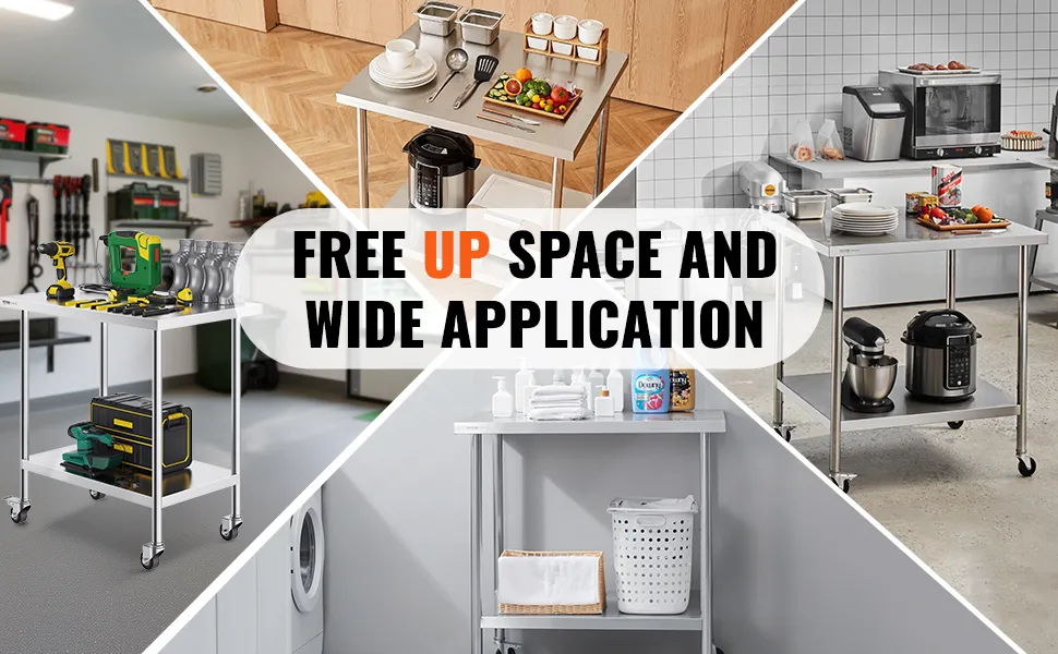 VEVOR stainless steel work table in various settings: kitchen, garage, laundry, and home.