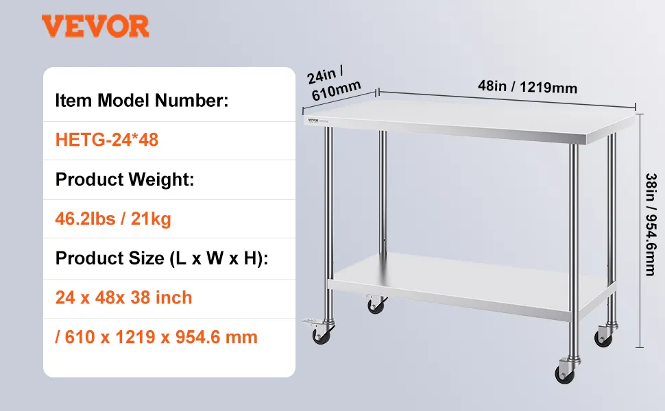 VEVOR stainless steel work table, 24x48x38 inches, model hetg-24*48, 46.2lbs, with wheels.