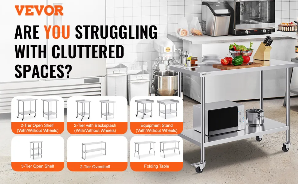 VEVOR stainless steel work table with shelves and wheels, ideal for clutter-free kitchen organization.