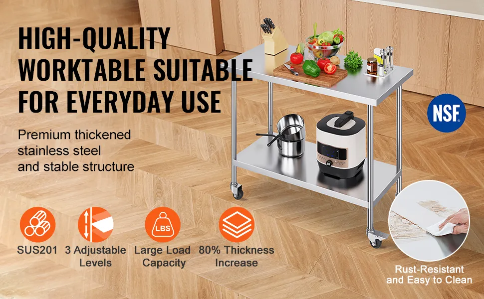 high-quality VEVOR stainless steel work table with adjustable levels, large load capacity, and rust resistance.