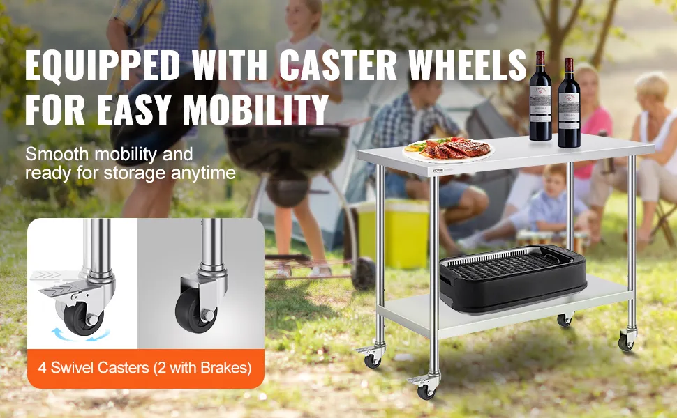 VEVOR stainless steel work table with caster wheels for easy mobility, perfect for outdoor events.