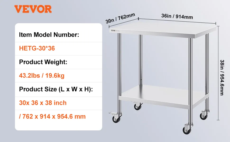 VEVOR stainless steel work table, model hetg-30*36, 30x36x38in, 43.2lbs, dimensions labeled.