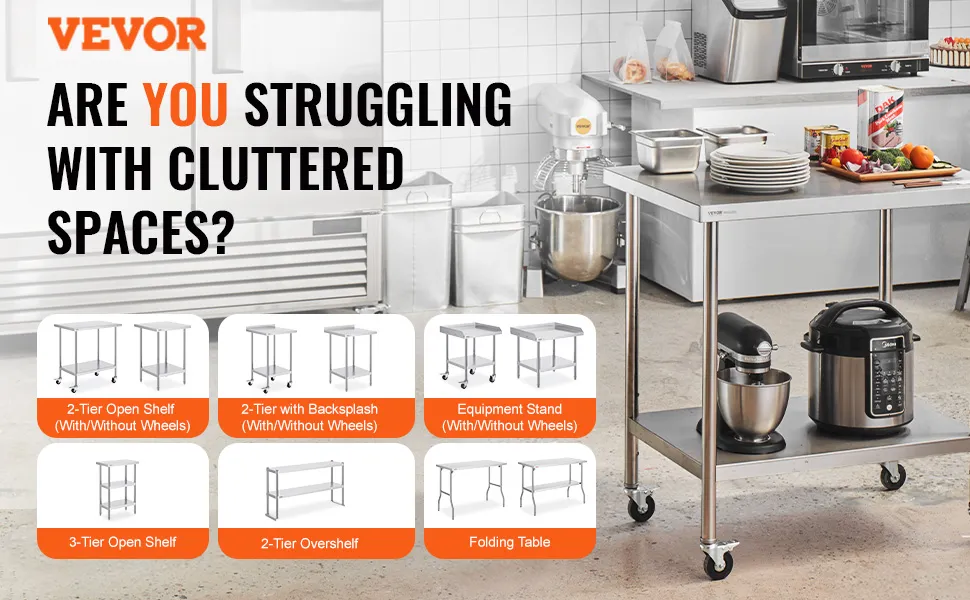 VEVOR stainless steel work table in a kitchen with various shelf and table options displayed.