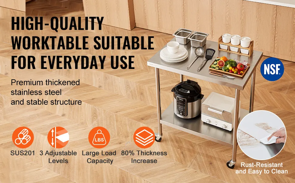 VEVOR stainless steel work table with utensils, appliances, and food items; features include rust-resistance.