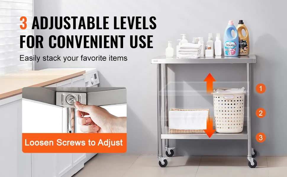 VEVOR stainless steel work table with 3 adjustable levels, wheels, and household items stacked on top.