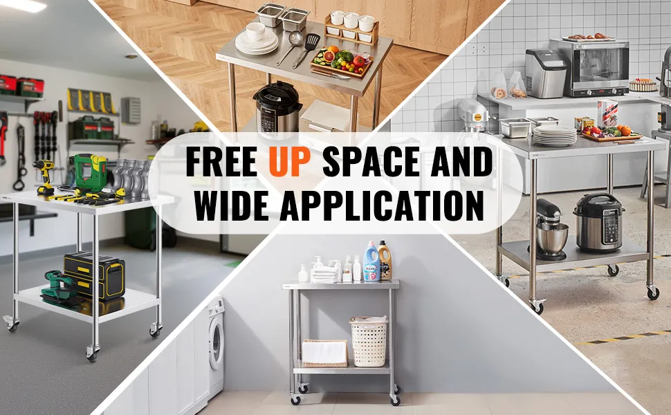 VEVOR stainless steel work table in various settings: kitchen, garage, laundry, and workshop.