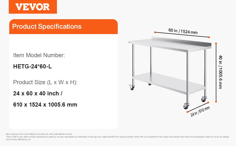 VEVOR stainless steel work table, model hetg-24*60-l, 24 x 60 x 40 inch, 60 lbs, with lower shelf and wheels.