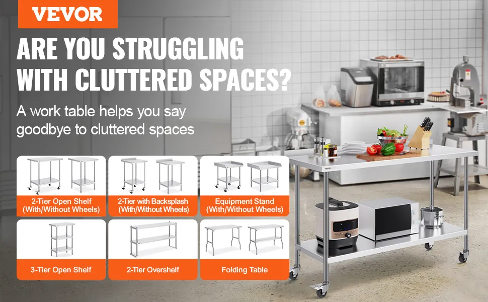 VEVOR stainless steel work table showcasing clutter-free kitchen solutions with various tier options.