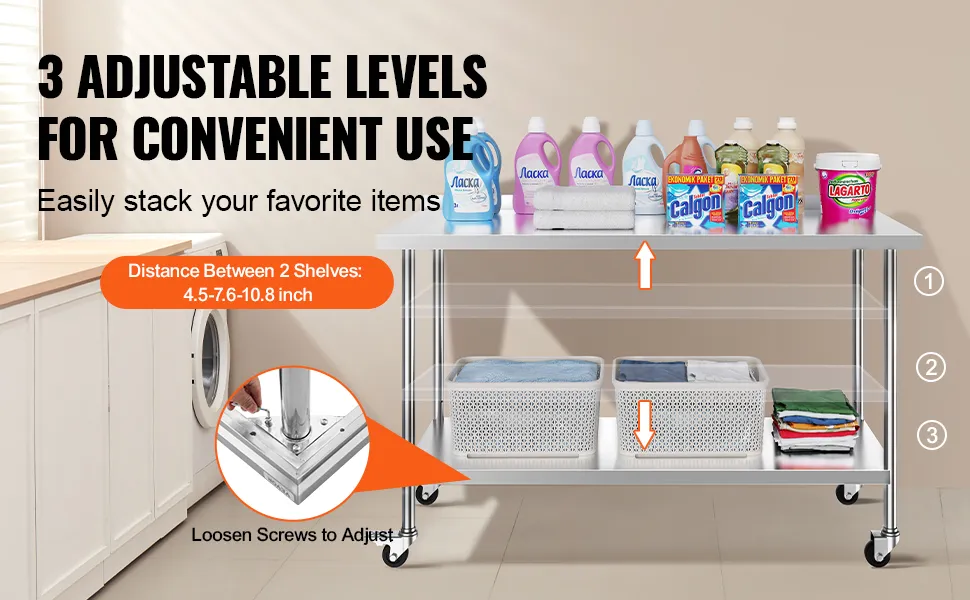 VEVOR stainless steel work table with adjustable shelves, cleaning products, and organized baskets.