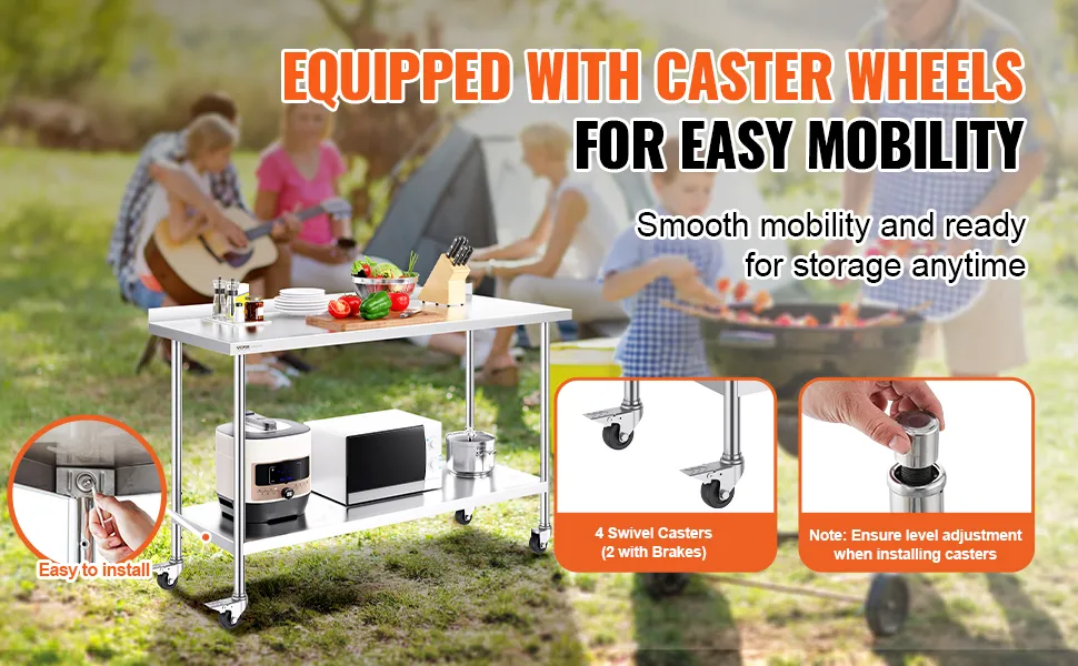 VEVOR stainless steel work table with caster wheels, easily movable for outdoor setup and storage.