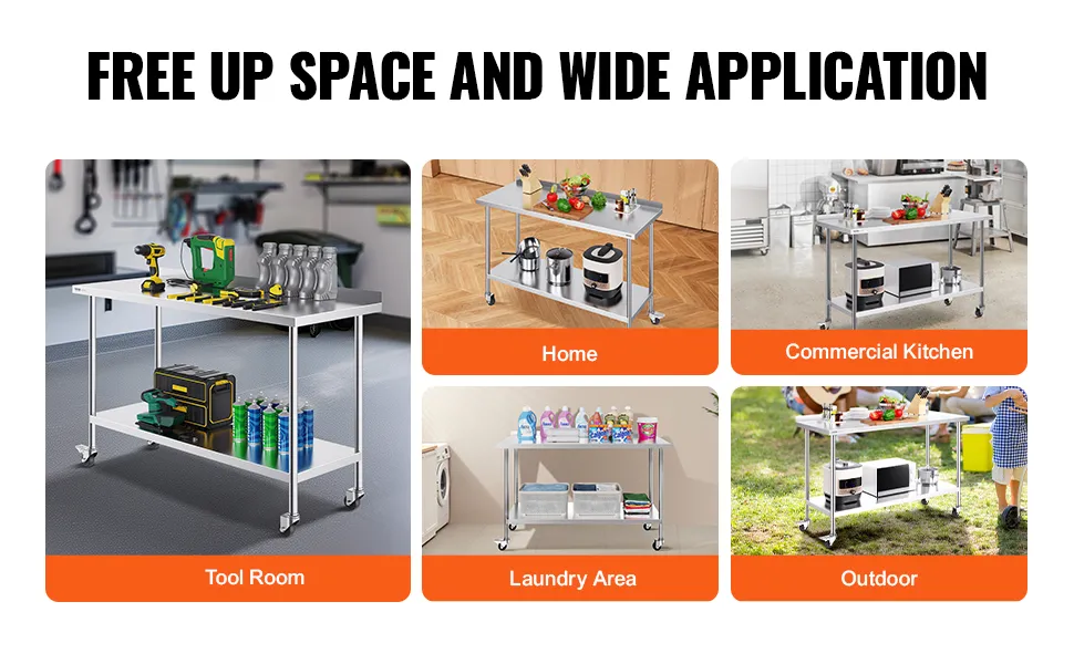 VEVOR stainless steel work table in tool room, home, commercial kitchen, laundry area, and outdoor.