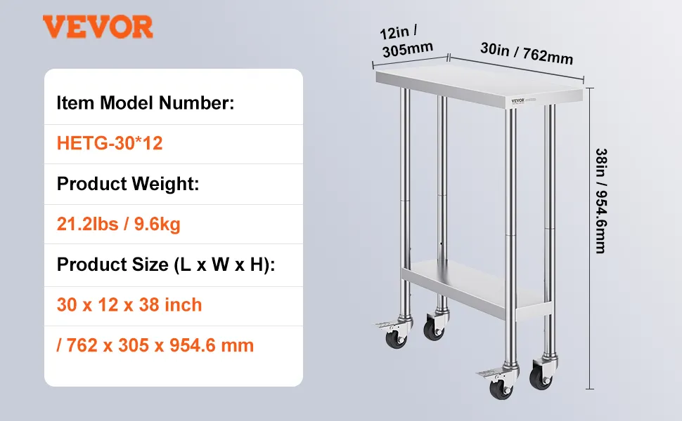 VEVOR stainless steel work table with dimensions 30"x12"x38", item model hetg-30*12, weight 21.2 lbs.