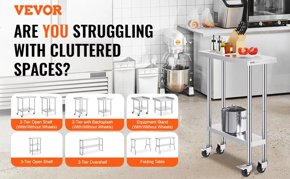 VEVOR stainless steel work table in a kitchen with various models for decluttering on display.