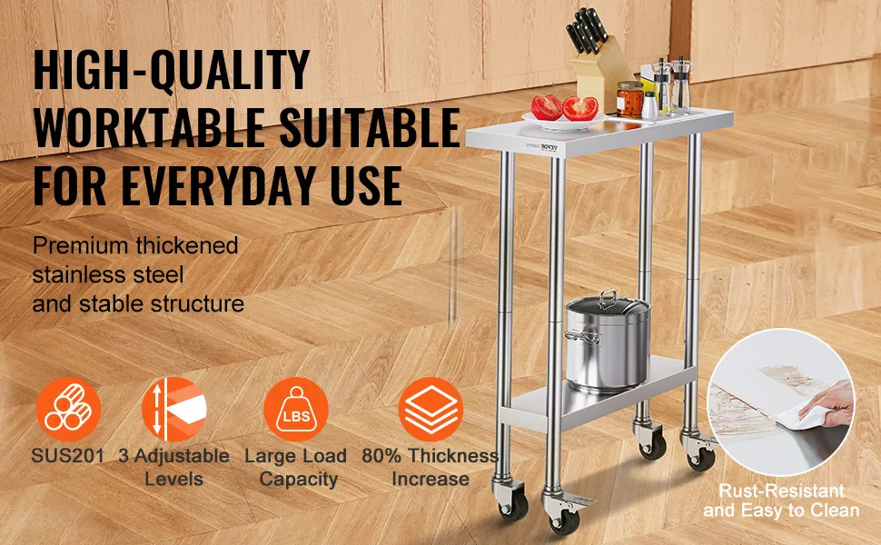 VEVOR stainless steel work table showcasing 3 adjustable levels, large load capacity, and rust resistance.