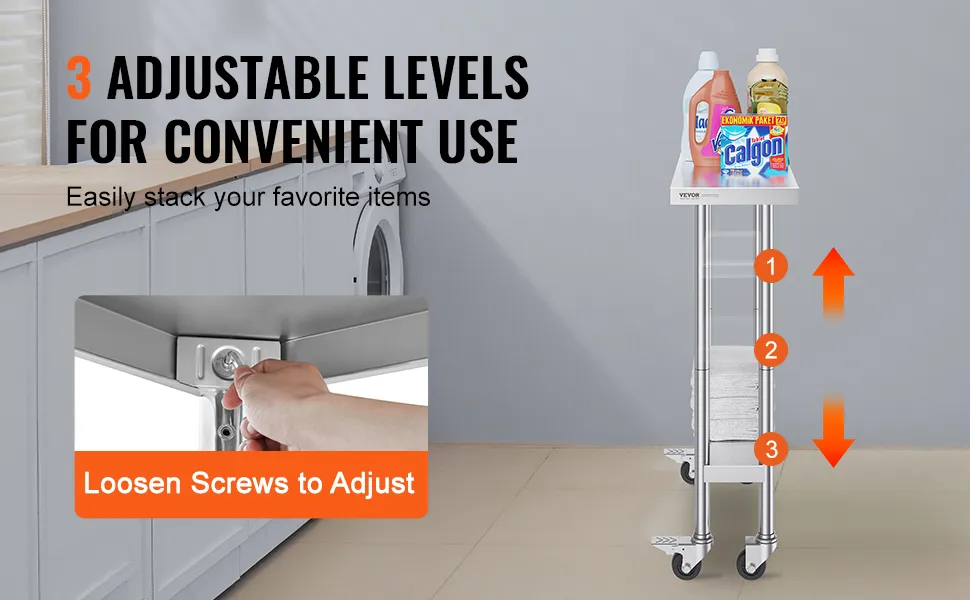 VEVOR stainless steel work table with 3 adjustable levels, easily stack items, and loosen screws to adjust.