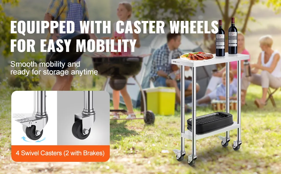 VEVOR stainless steel work table with caster wheels for easy mobility, featuring 4 swivel casters.