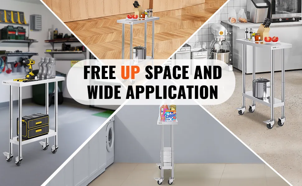 VEVOR stainless steel work table in various settings for tools, kitchen, and laundry storage, maximizing space.