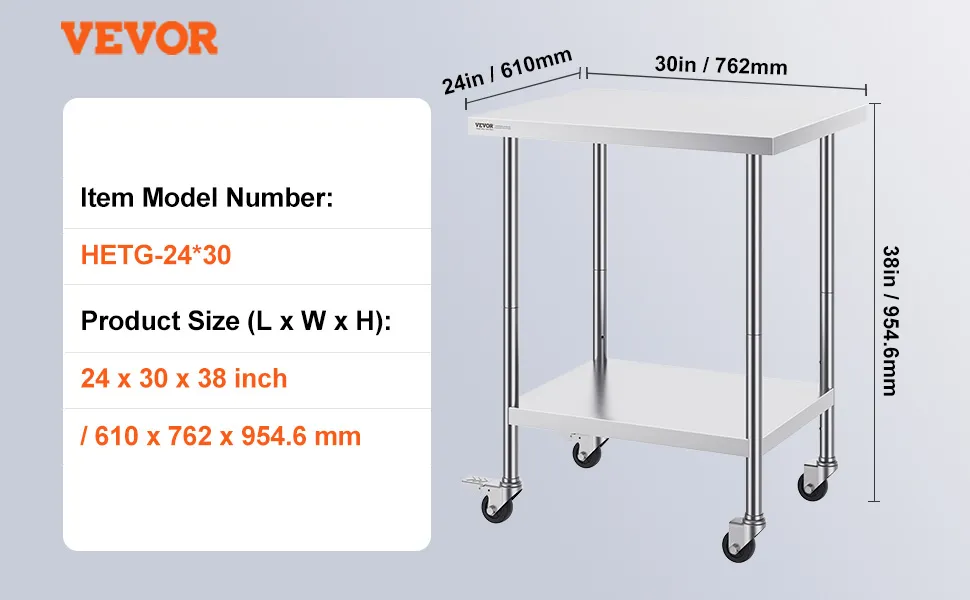 VEVOR stainless steel work table with model hetg-24*30, 24x30x38 inches, 32 lbs, on wheels.