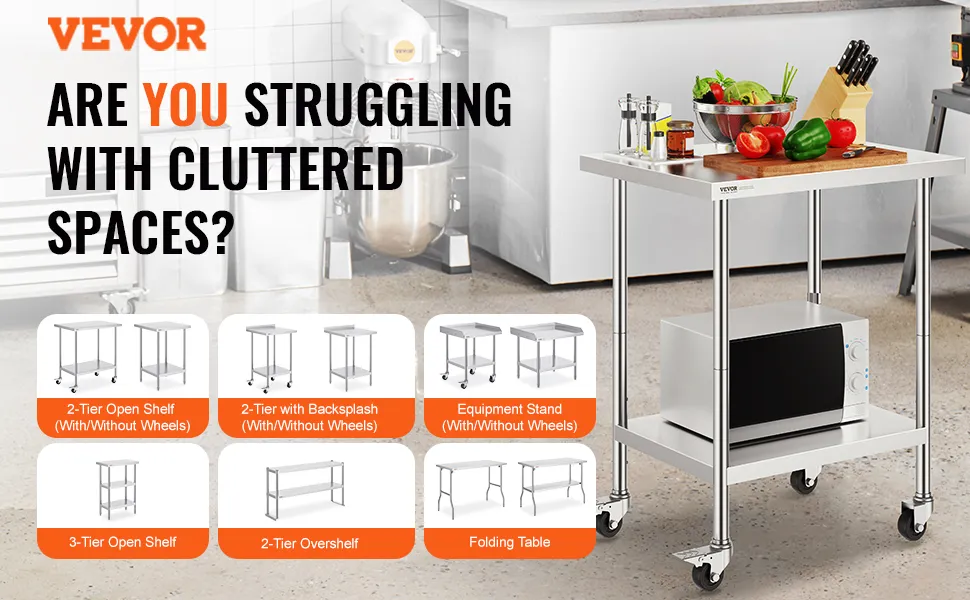 VEVOR stainless steel work table with kitchen props and various product options for organized storage.