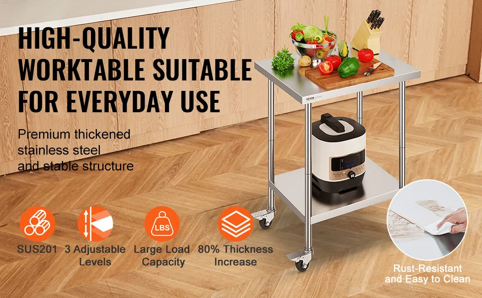 high-quality VEVOR stainless steel work table with adjustable shelves, nsf certified, ideal for daily use.
