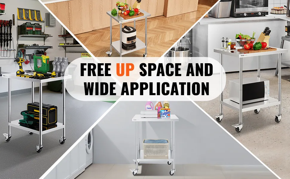 VEVOR stainless steel work table ideal for various uses, featuring organized tools and kitchen items.