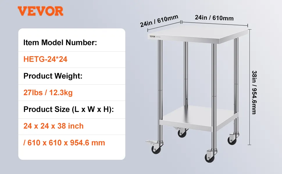 VEVOR stainless steel work table, hetg-24*24, 24x24x38 inches, 27lbs, with caster wheels for mobility.