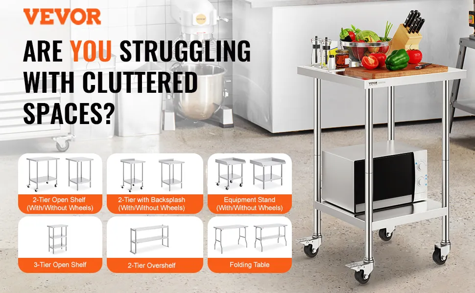 VEVOR stainless steel work table with options for shelves and wheels, ideal for decluttering spaces.