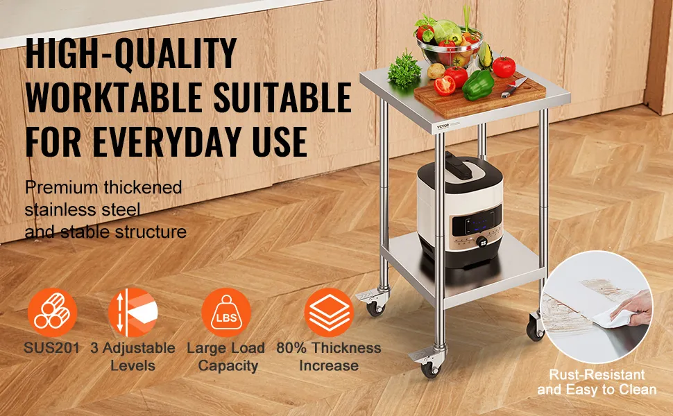 VEVOR stainless steel work table with 3 adjustable levels, large load capacity, and rust-resistant surface.