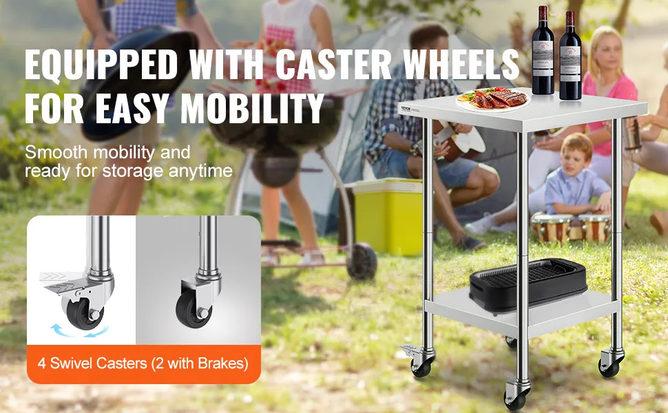 VEVOR stainless steel work table with caster wheels, ideal for outdoor cooking and storage.