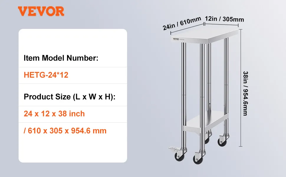 VEVOR stainless steel work table, model hetg-24*12, weighs 19lbs (8.5kg), size 24x12x38 in.
