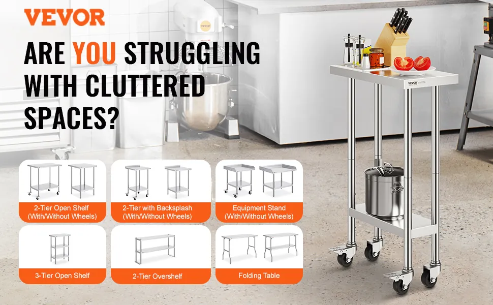 VEVOR stainless steel work table with wheels and various shelving options in a commercial kitchen.