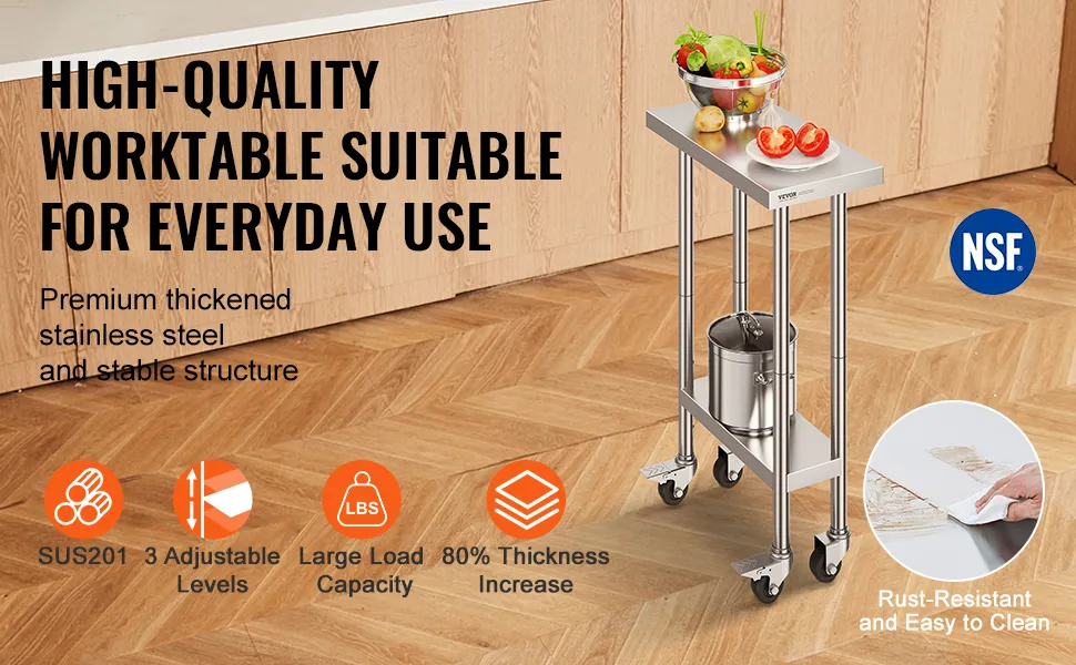 high-quality VEVOR stainless steel work table with wheels, adjustable levels, and large load capacity.