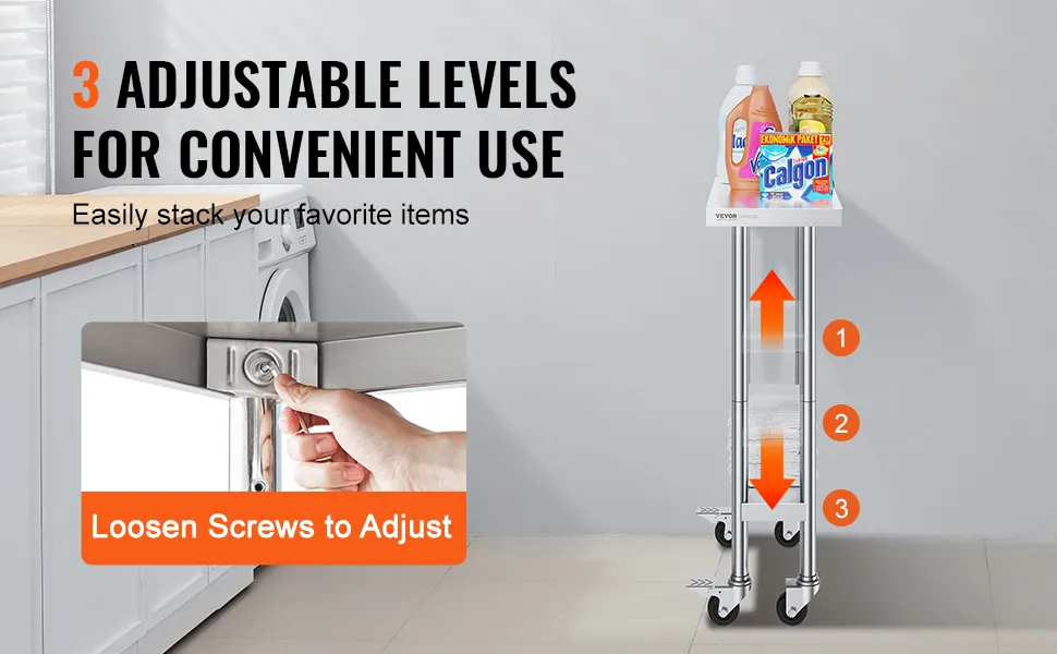 VEVOR stainless steel work table with 3 adjustable levels, easy-to-adjust screws, and storage shelves.