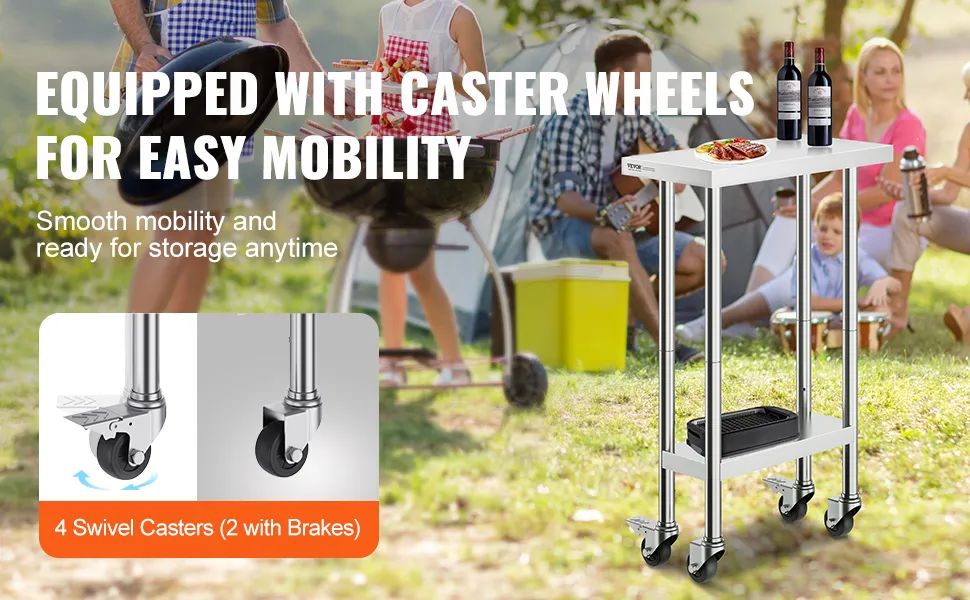 VEVOR stainless steel work table with caster wheels for easy mobility at an outdoor picnic setting.