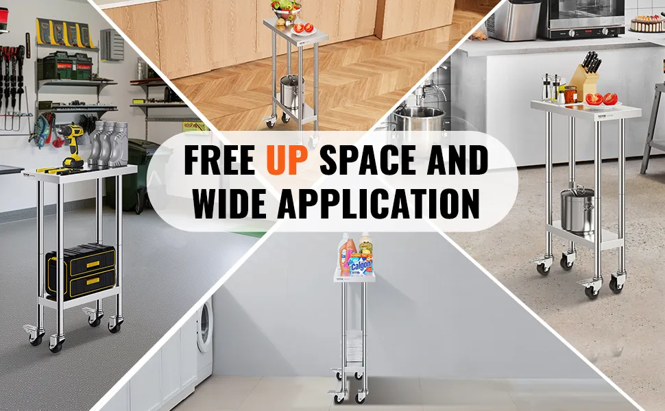 VEVOR stainless steel work table in various settings: kitchen, garage, laundry, and workshop. "free up space and wide application" text.