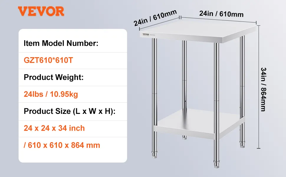 VEVOR stainless steel prep table, model gzt610*610t, 24x24x34in, weight 24lbs, size 610x610x864mm