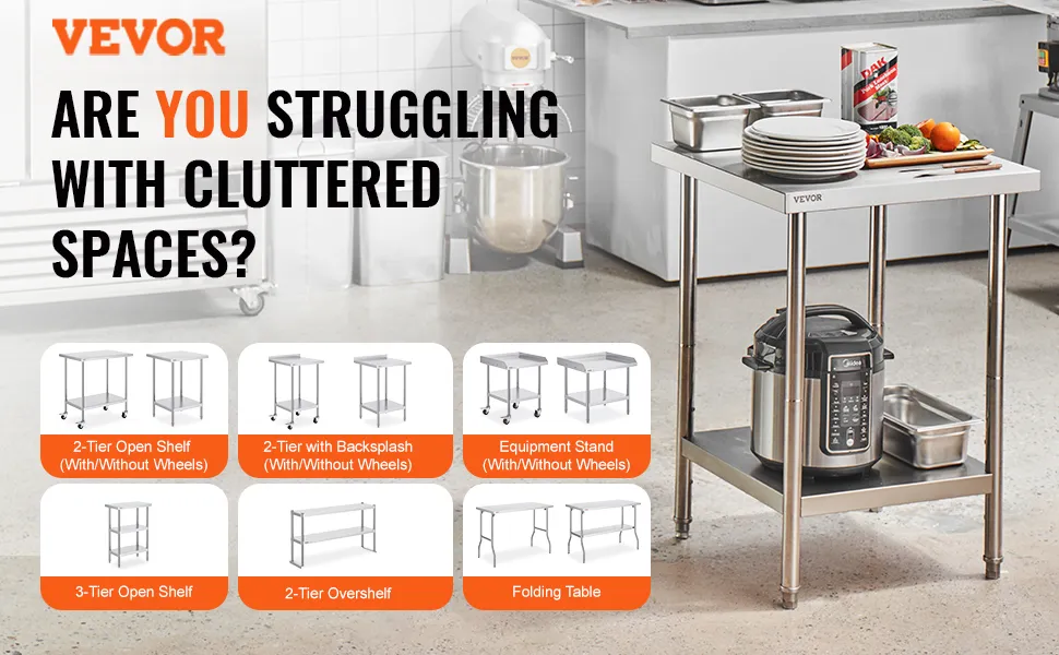 VEVOR stainless steel prep table in a commercial kitchen with clutter-free workspace solutions.