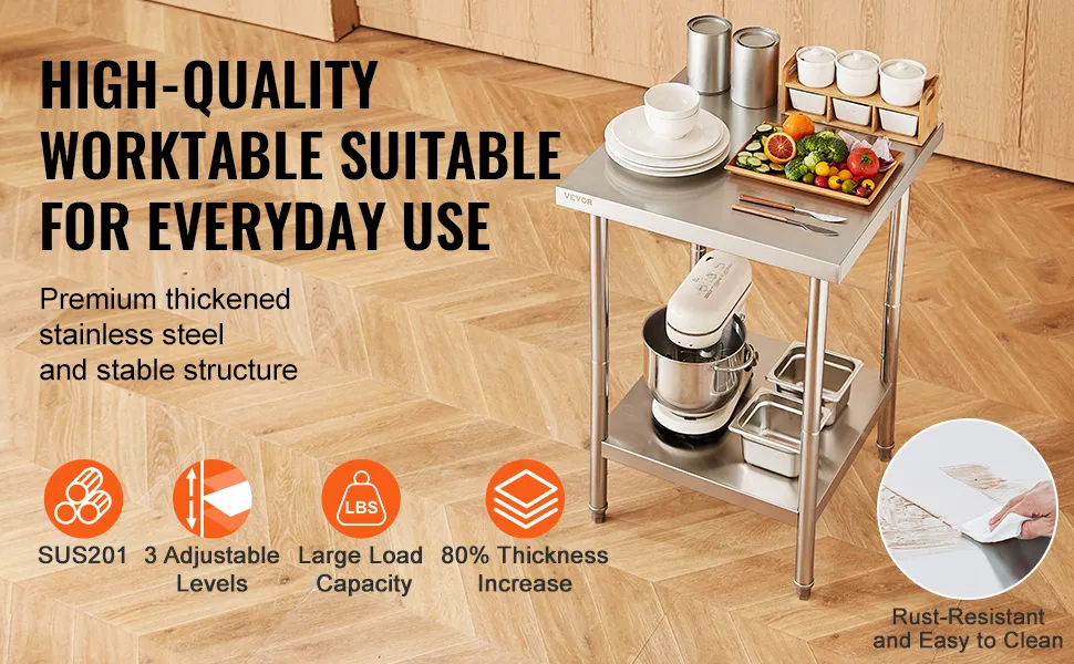 VEVOR stainless steel prep table with adjustable levels and large load capacity, ideal for everyday use.