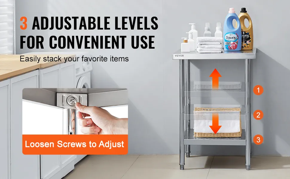 VEVOR stainless steel prep table with 3 adjustable levels, perfect for organizing your laundry supplies.