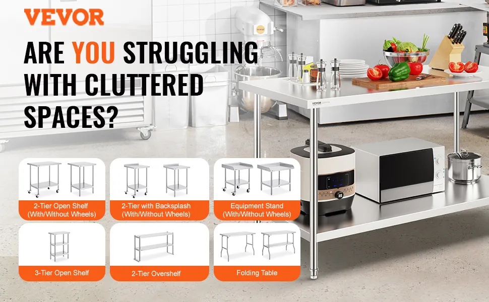 VEVOR stainless steel prep table in kitchen with cooking equipment and vegetable garnish. additional VEVOR products displayed.