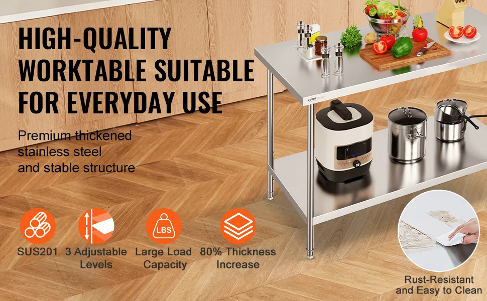 VEVOR stainless steel prep table with shelves, cookware, vegetables, and cleaning illustration.
