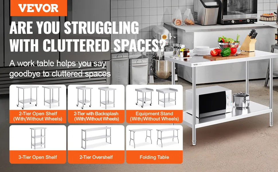 VEVOR stainless steel work table in commercial kitchen with various shelving options displayed beneath.