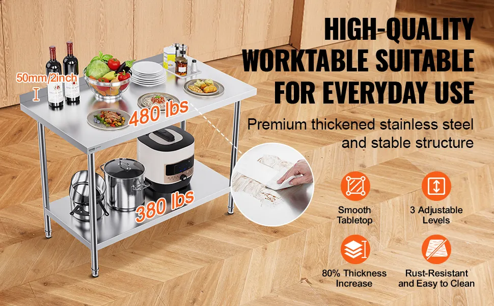 VEVOR stainless steel work table: 2-tier, holds up to 860 lbs, smooth, adjustable, rust-resistant, nsf certified.