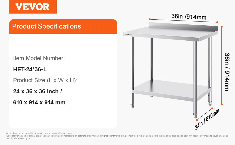 VEVOR stainless steel work table, model het-24*36-l, 36 lbs, 24x36x36 in / 610x914x914 mm.