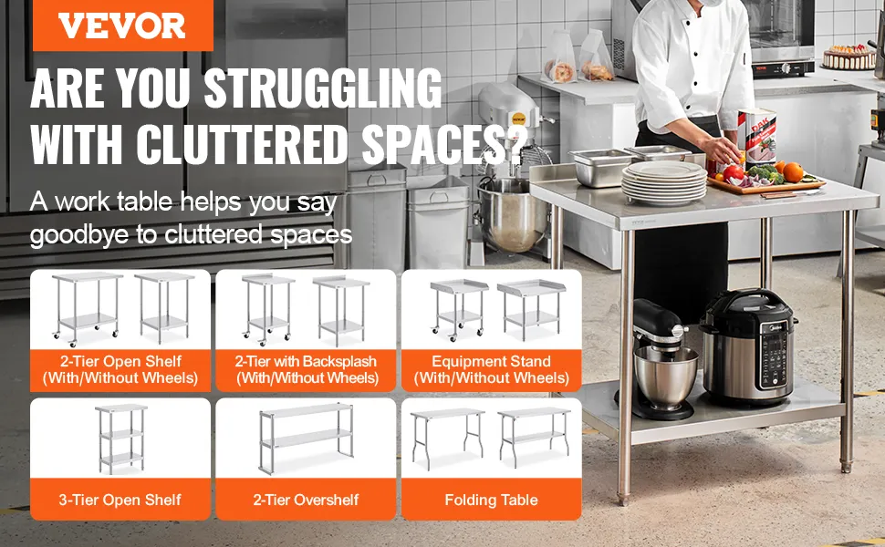 chef using a VEVOR stainless steel work table in a commercial kitchen with storage options displayed.